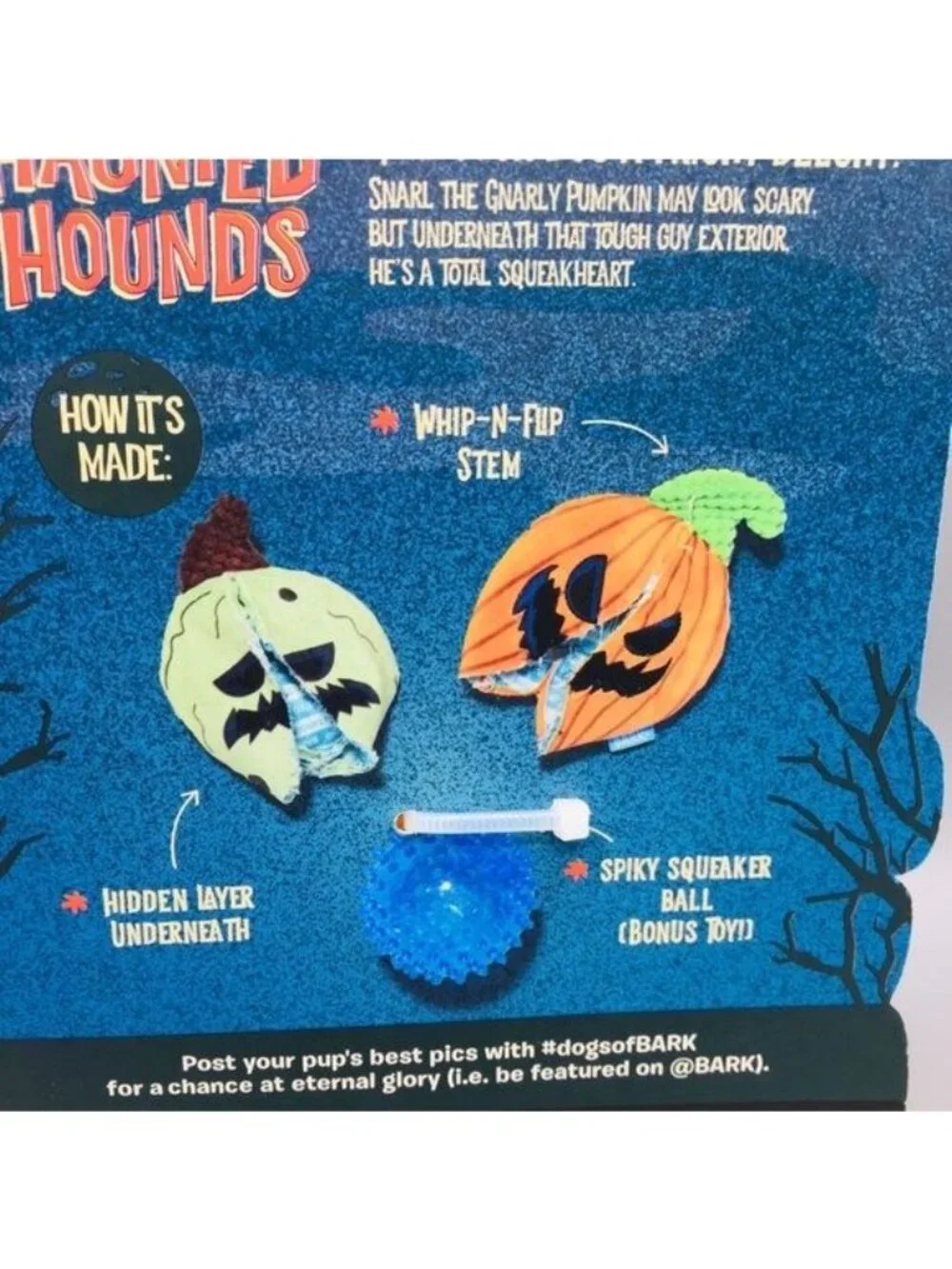 BARK Haunted Hounds Snarl the Gnarly Pumpkin Whip-N-Flip Stem